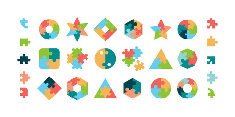 Puzzle. Jigsaw pieces various geometrical forms round and square puzzle parts vector collection. Illustration jigsaw puzzle game, teamwork concept - obrazy, fototapety, plakaty
