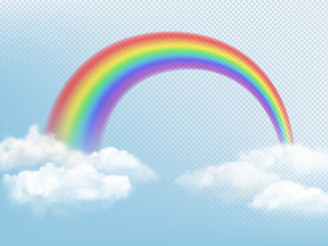 Rainbow in sky. Weather background with clouds and colored arch of rainbow vector realistic picture. Rainbow nature light curve decoration illustration