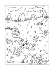 Umbrella and happy playful frogs connect the dots puzzle and coloring page. Full page activity sheet for kids. Learning or reinforcing math basics of numbers and order.
