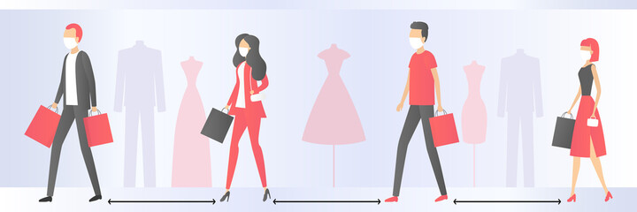 Social distancing on shopping. Poster. Vector illustration.