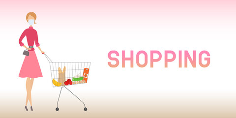 Woman in mask with grocery trolley. Shopping poster. Vector illustration.