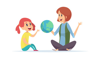 Geography lesson. Girl, teacher and globe, woman tell about planet. Young traveler or explorer new lands, dreams about travel vector illustration. Education school, learning and teaching geography