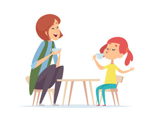 Tea party game. Woman and girl playing in cafe or restaurant. Baby with nanny or mother vector illustration. Play tea with toyable table, leisure with daughter