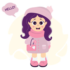 A cute, beautiful girl in winter clothes - a hat, a scarf, a coat, glove and boots with a small handbag on her hand. Next to the cloud with the text - Hello. Vector illustration. Childrens collection