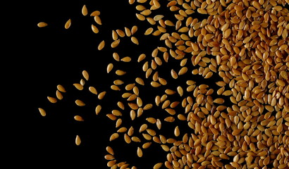 Golden sesame seeds isolated on black background, top view