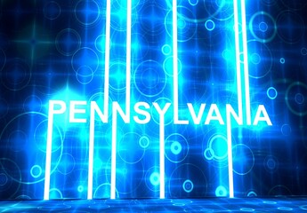 Image relative to USA travel. Pennsylvania state name in geometry style design. Creative vintage typography poster concept. 3D rendering. Neon shine