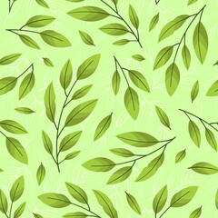 Naklejka na ściany i meble Vector seamless pattern with bay leaves twigs; for packaging, wrapping paper, posters, banners.