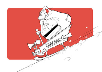 Cartoon Santa Claus goes down the mountain in sleigh with bag of gifts