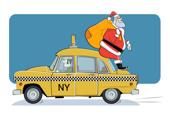 Cartoon Santa Claus rides a taxi with a bag of gifts. - 396270589