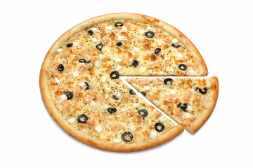 Italian pizza with seafood and olives, concept for flyer, poster, pizzeria menu. Slice of pizza,...