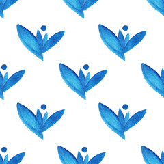 Watercolor seamless pattern with blue leaves. On a white background. Idea for textiles, napkins, packaging, wallpaper