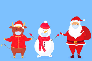 Santa Claus with a bag, a snowman in a scarf and a hat and ox wear protective face masks. Bull symbol of Chinese New Year