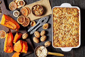 Pumpkin dump cake with hazelnuts and rolled oats