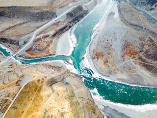 Amazing panoramic view of confluence beautiful mountain rivers Chuya Katun. Panorama wonderful...