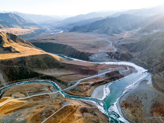 confluence of two rivers - Chuya and Katun, Altai republic, Russia. sunrise, sunset, - obrazy, fototapety, plakaty