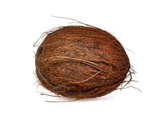 Side detailed view of whole coconut. Isolated on white background.