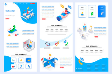 Call center isometric landing page. Online consultation, customer support corporate website design template. Web banner template with header, middle content and footer. Isometry vector illustration.