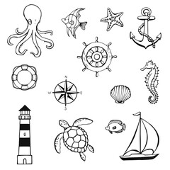 Sea or ocean underwater life with different animals and marine objects. Concept elements. Vector illustration in hand drawn style © Darya