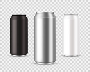 Metallic cans. Realistic black, silver and white tin mockup, front view marketing branding template, empty beverage container for cold drinks vector realistic aluminum can isolated set