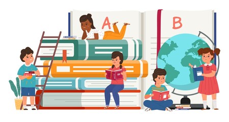 Readers kids. Tiny people and huge stack of notebooks and globe. Children reading books, young literature fans get education, boys and girls learning knowledge. Vector school concept