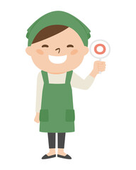 エプロンをつけた女性。マル印を手に持ってる女性のイラスト。