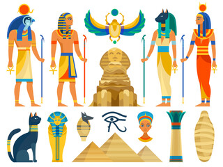Ancient egypt. Egyptian culture symbols and sign collection. Gods and myth creatures, sacred animals, architecture and idols statues. Archeology monuments and pyramid flat vector set