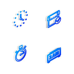 Set Isometric line Calendar with check mark, Clock, Stopwatch and Digital alarm clock icon. Vector.