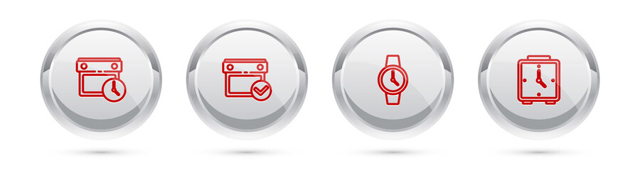 Set line Calendar and clock, with check mark, Wrist watch and Alarm. Silver circle button. Vector.
