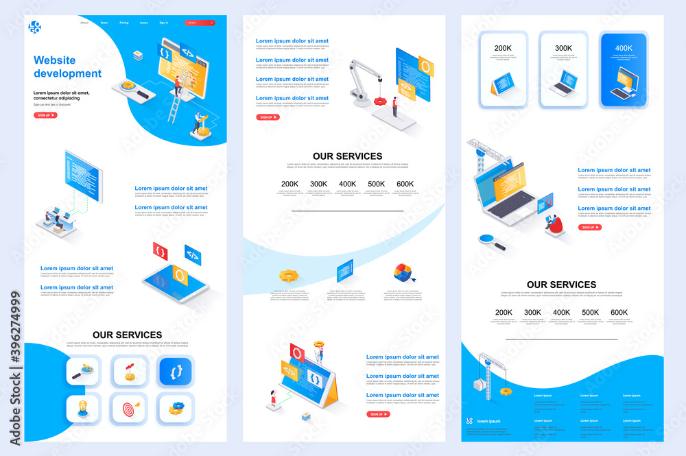 Poster Website development isometric landing page. Full stack engineering, construct corporate website design template. Web banner with header, middle content, footer. Isometry vector illustration.