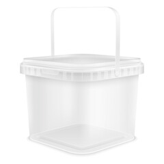 Transparent square empty plastic bucket with handle. Front view from the corner. © vinap