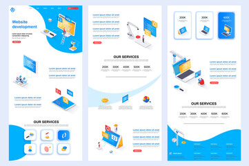 Website development isometric landing page. Full stack engineering, construct corporate website design template. Web banner with header, middle content, footer. Isometry vector illustration.