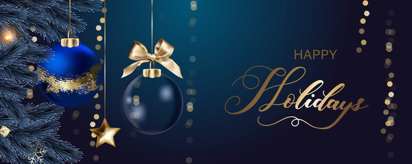 navy blue luxury 3d Happy season greeting and new year vector background with Christmas ball element  © babeer