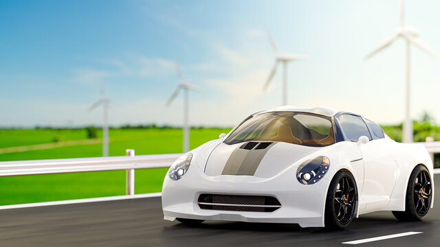 Car run on country road. With wind turbine and green field and clear skies. Energy and Environment idea concept, 3D Render.