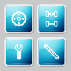 Set line Gear, Chassis car, Wrench spanner and Car chain icon. Vector.