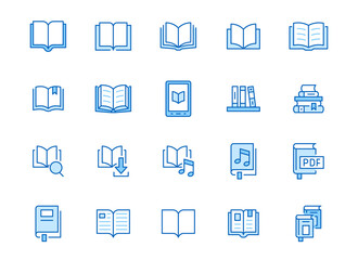 Book line icons set. Open books, dictionary, bible, audio novel, literature education minimal vector illustrations. Simple flat outline sign for web library app. Blue color, Editable Stroke
