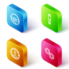 Set Isometric line Steering wheel, Shock absorber, Speedometer and Gear icon. Vector.