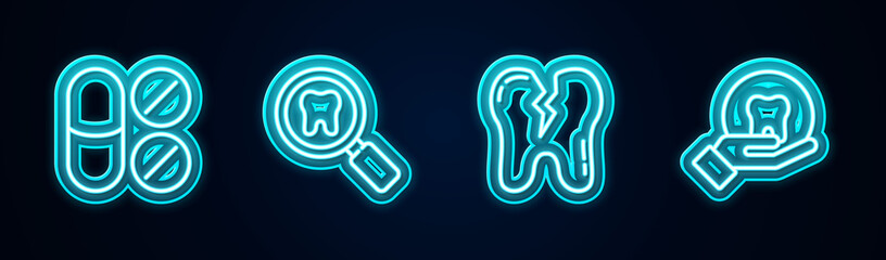 Obraz premium Set line Painkiller tablet, Dental search, Broken tooth and Tooth. Glowing neon icon. Vector.