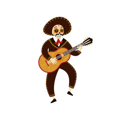 Mariachi musician skeleton dancing and playing guitar