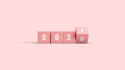 3d illustration of flipping cubes block changing 2020 to 2021. New year celebration background.