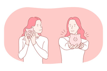 Saving money, piggybank, budget concept. Young positive woman cartoon character holding and showing pink piggybank with coins and money inside. Collect money, business, earnings, income