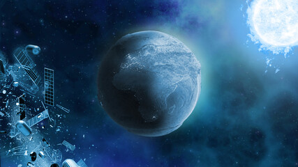 Fototapeta na wymiar 3D space background with Earth in nebula sky