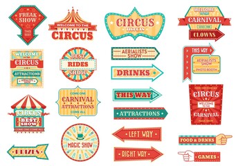 Big top circus show retro signs, glowing arrow pointers. Carnival and fair signage, circus freak show and aerialists performance, magical and clown show, food and drinks illuminating pointers vector © Buch&Bee