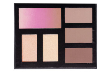 Cosmetic products isolated. Close-up of various cheek or face powder isolated on a white background. Macro of two blushs, two powder, a bronzer and a highlighter. Make-up concept.