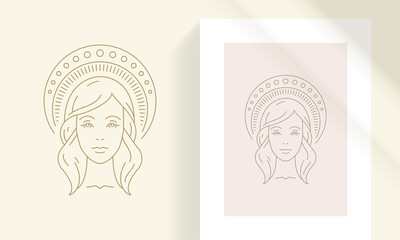 Woman head with celestial ornamental headgear silhouette linear vector illustration.