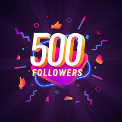 500 followers celebration in social media vector web banner on dark background. Five hundred follows 3d Isolated design elements - obrazy, fototapety, plakaty