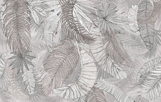Fototapeta Mural, wallpaper. Palm leaves, graphics. Beige tone.