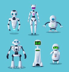 Fototapeta premium Modern robot cartoon characters with vector ai machines or artificial intelligence toys. Future technology white robots, cyborgs, androids or humanoid droids with buttons, dialogue screen, eye lights