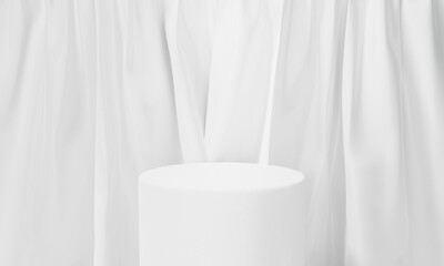 3d white podium on wall background abstract with silk fabric.