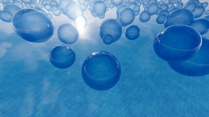 Abstract background of blue bubbles in space 3d render