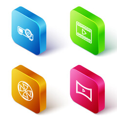 Set Isometric line Media projector, Play Video, Film reel and Online play video icon. Vector.